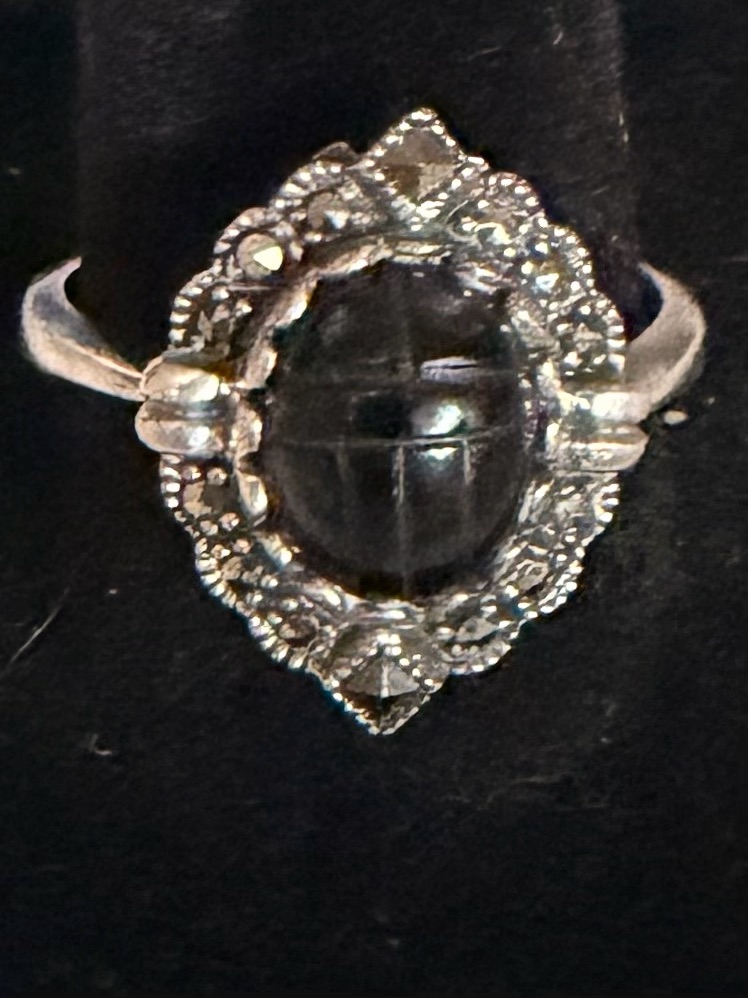 Black Onyx Scarab Sterling Silver Ring With Marcasites - Size 8 1/2